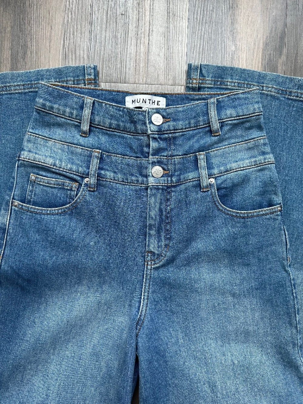 Munthe Rosh Medium Blue Double Waistband Ultra Wide Leg Jeans EU 36 / US 4 NWOT